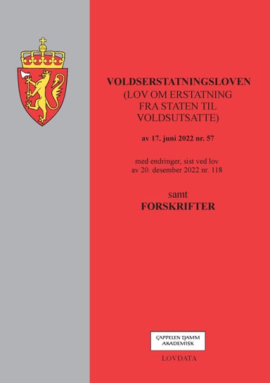 Omslag av "Voldserstatningsloven (lov om erstatning fra staten til voldsutsatte) m/forskrifter"