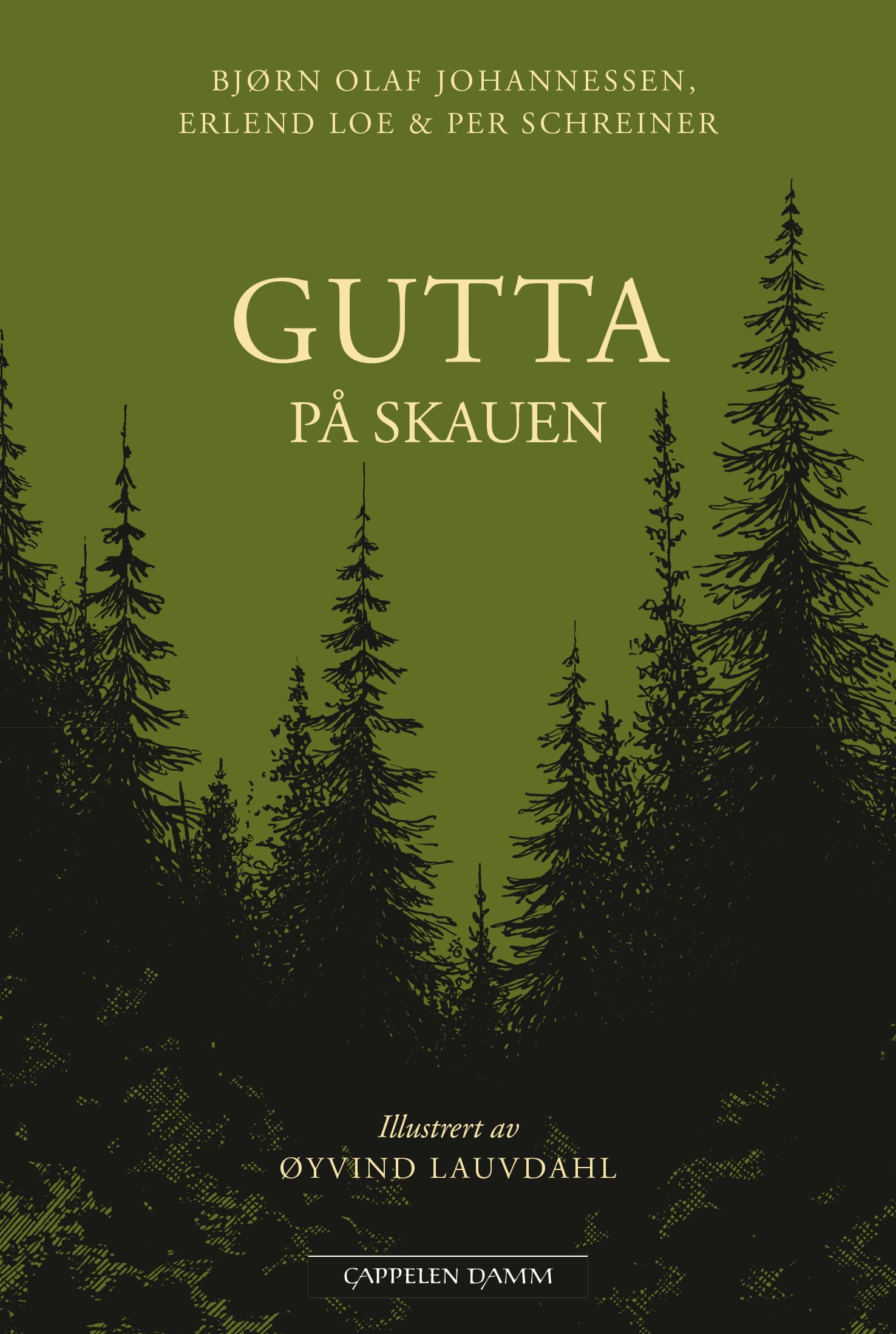 Omslag Gutta på skauen av Bjørn Olaf Johannessen, Erlend Loe og Per Schreiner (Innbundet)