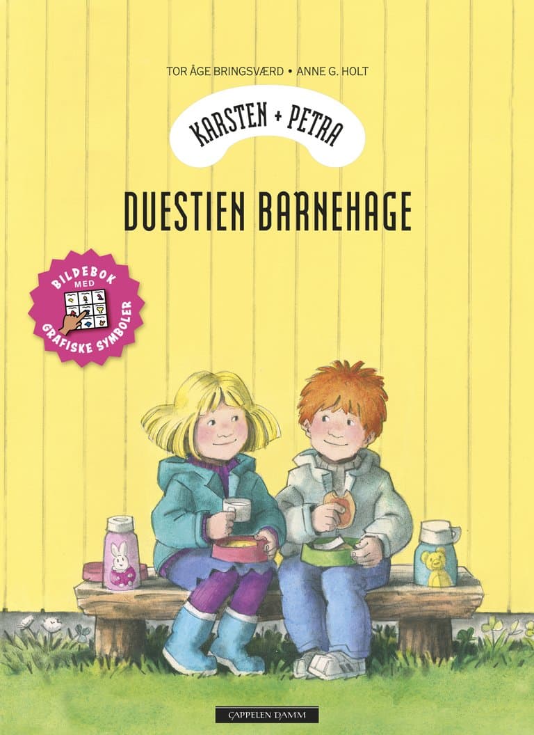 Omslag Karsten og Petra - Duestien barnehage (med grafiske symboler, ASK) av Tor Åge Bringsværd (Innbundet)