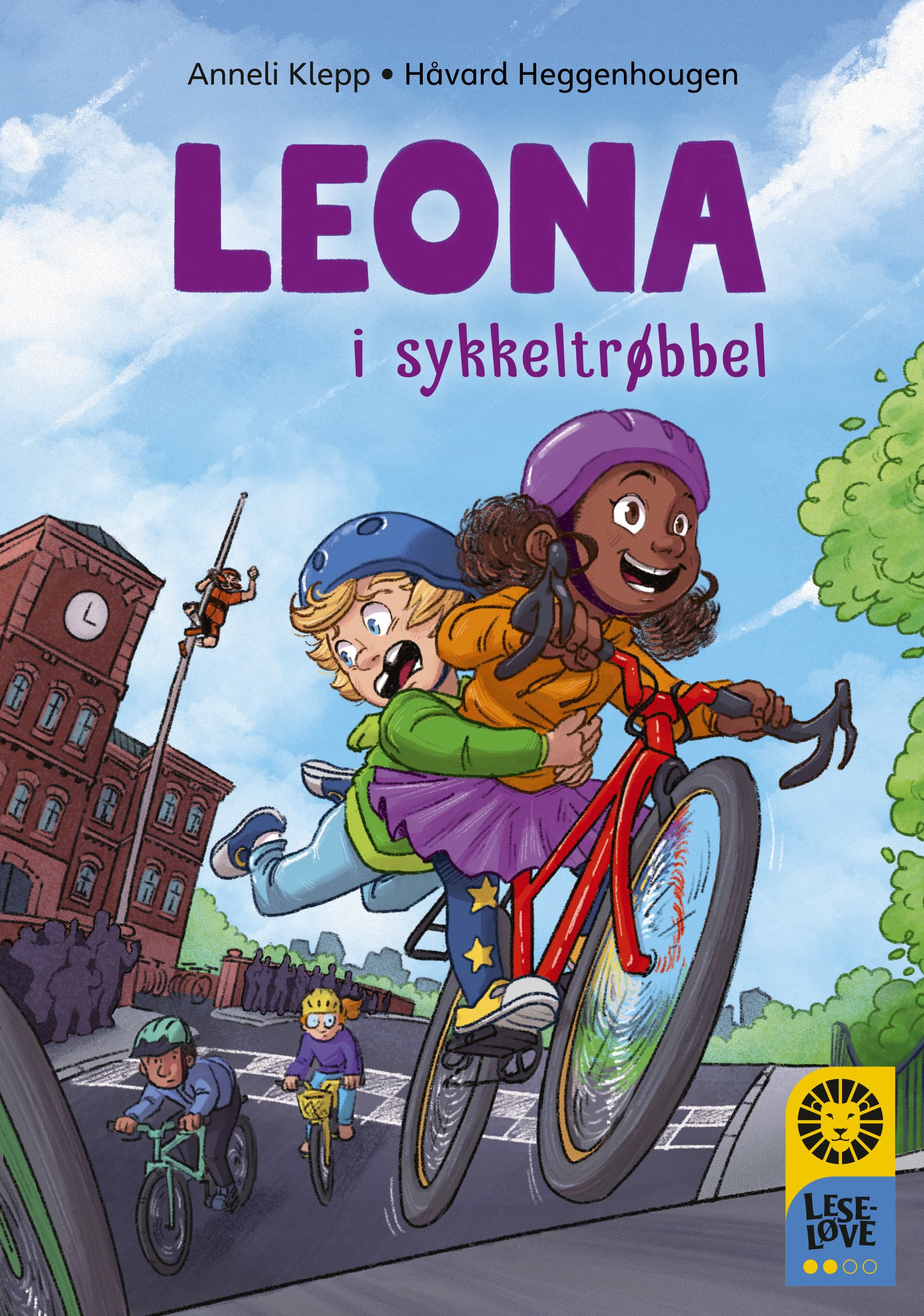 Omslag Leseløve nivå 2 - Leona i sykkeltrøbbel av Anneli Klepp (Innbundet)